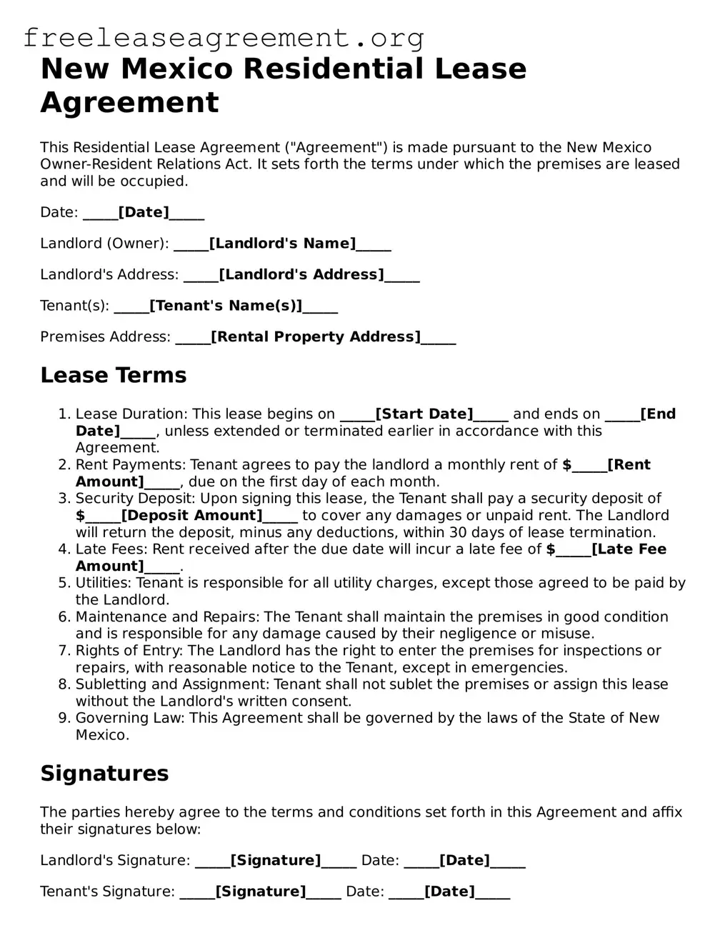 Official Residential Lease Agreement Document for New Mexico State
