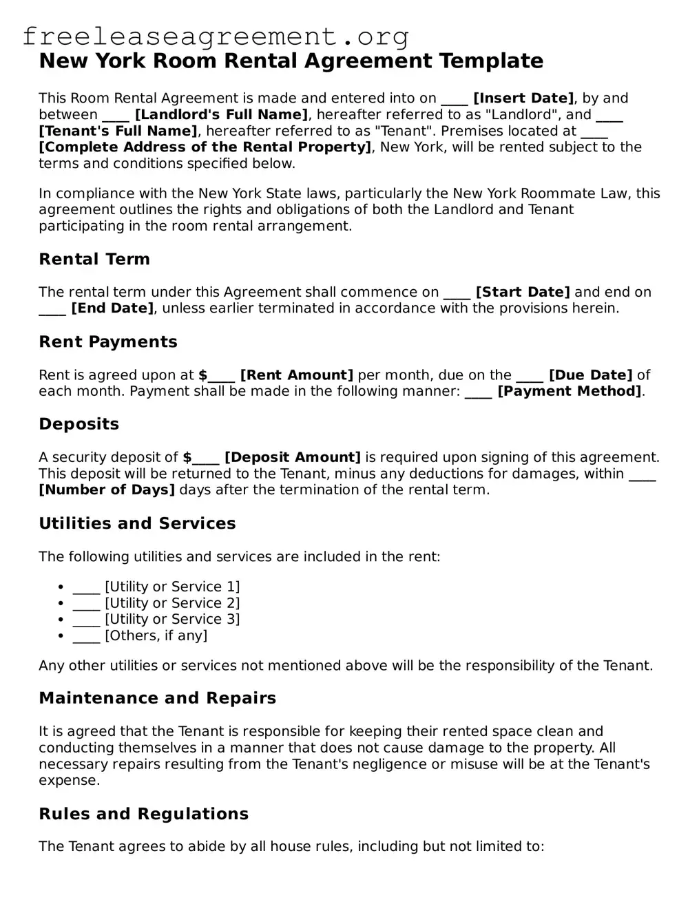 Official Room Rental Agreement Document for New York State