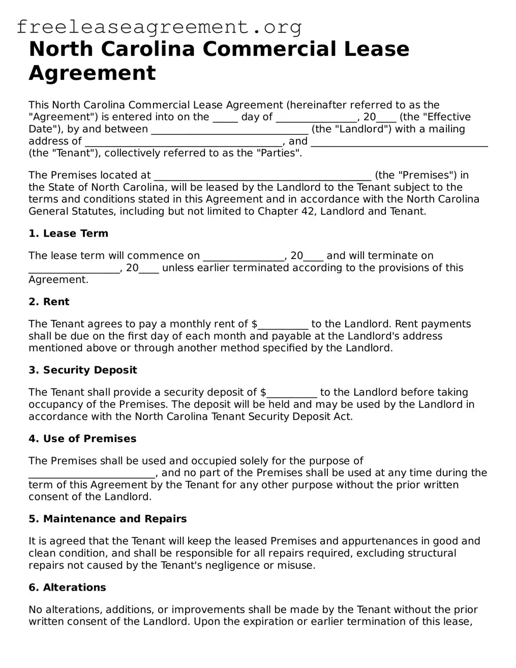 Official Commercial Lease Agreement Document for North Carolina State