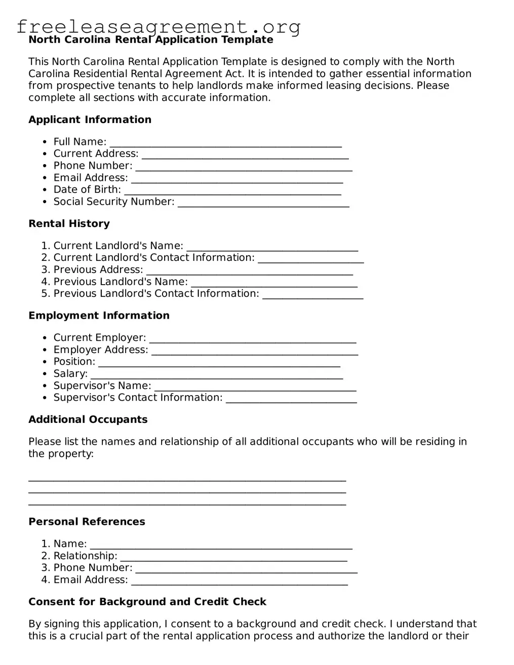 Official Rental Application Document for North Carolina State