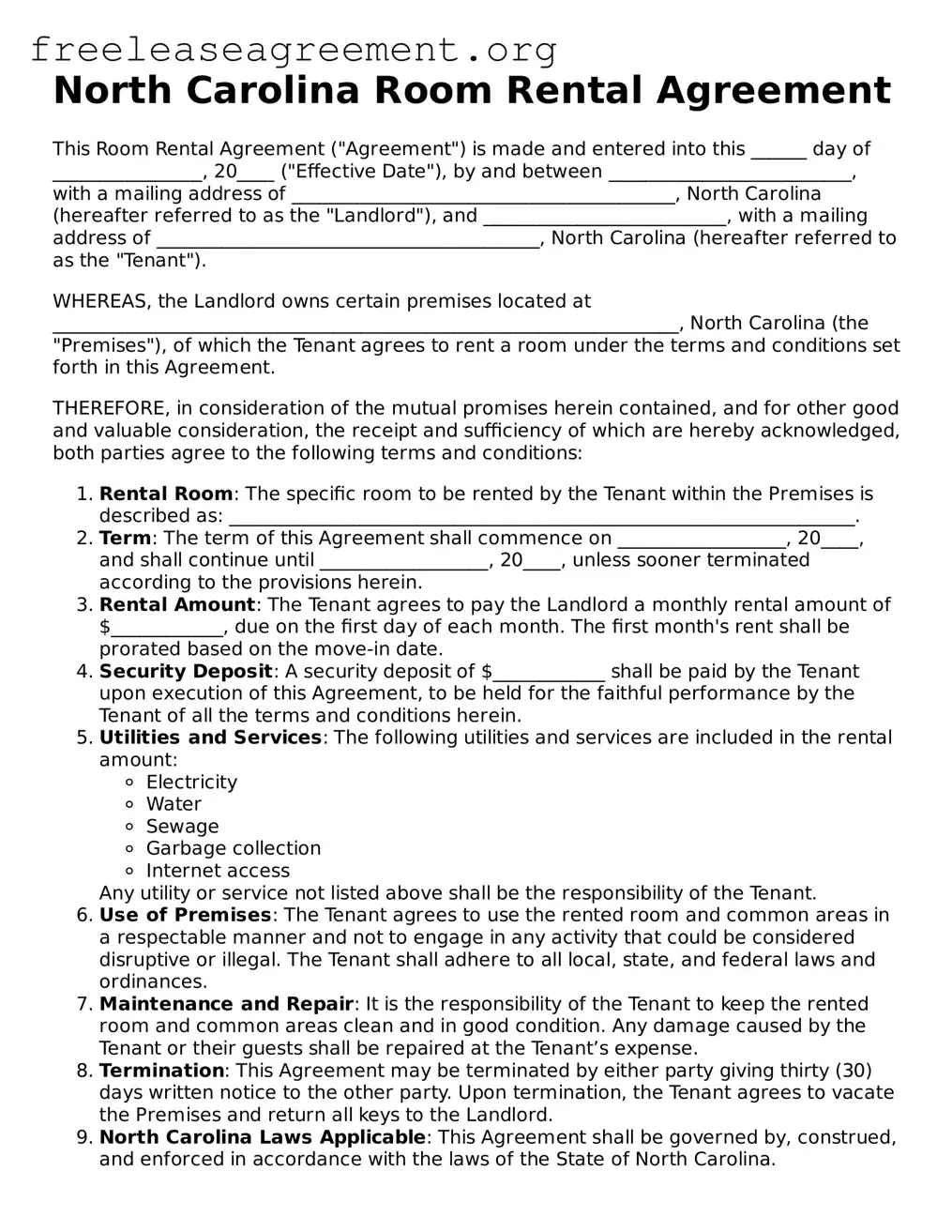 Official Room Rental Agreement Document for North Carolina State