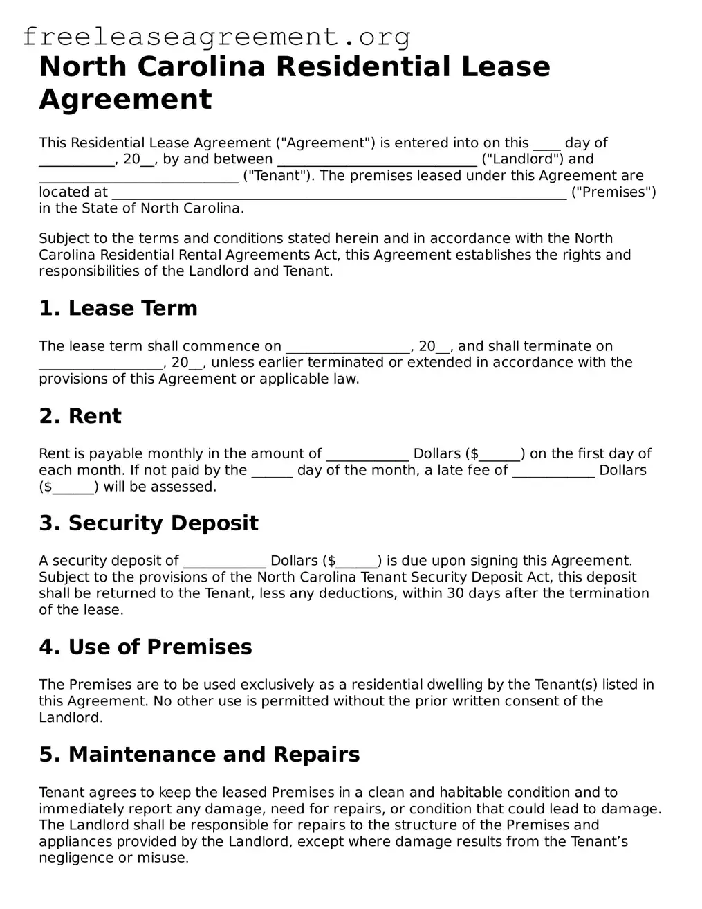 Official Residential Lease Agreement Document for North Carolina State
