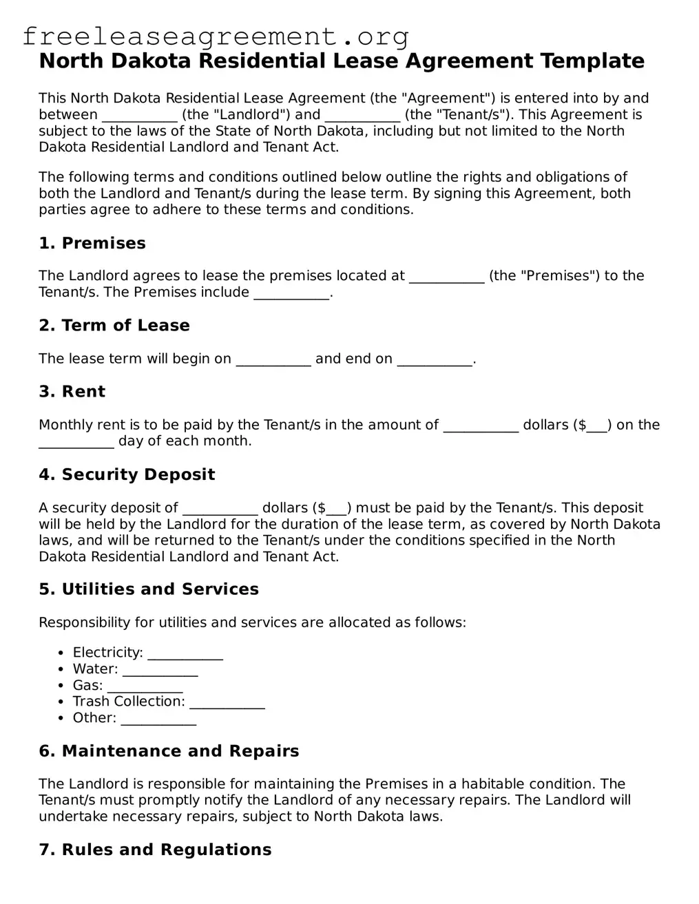 Official Residential Lease Agreement Document for North Dakota State
