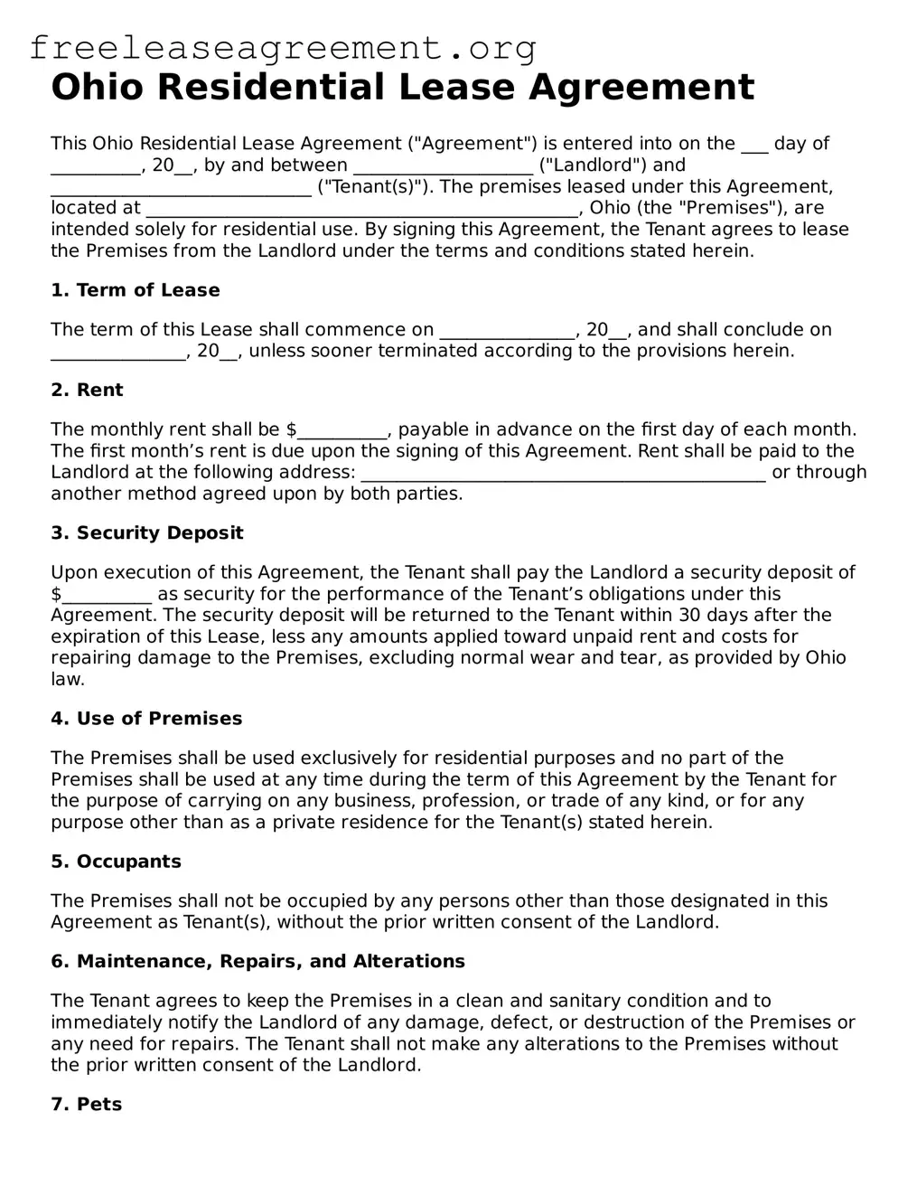 Official Residential Lease Agreement Document for Ohio State
