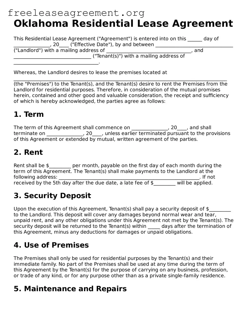 Official Residential Lease Agreement Document for Oklahoma State