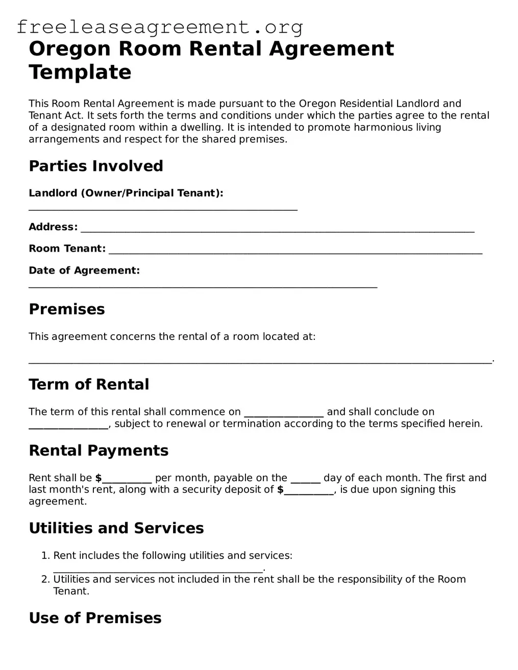 Official Room Rental Agreement Document for Oregon State