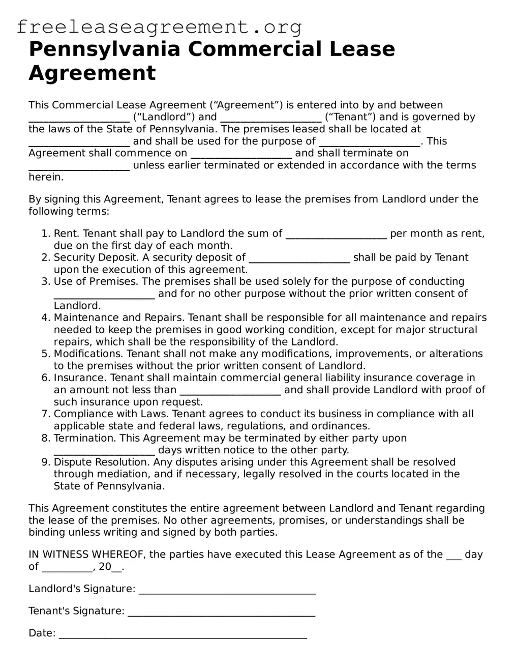 Official Commercial Lease Agreement Document for Pennsylvania State