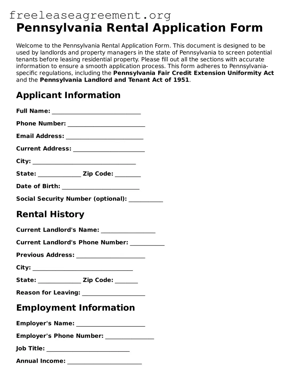 Official Rental Application Document for Pennsylvania State