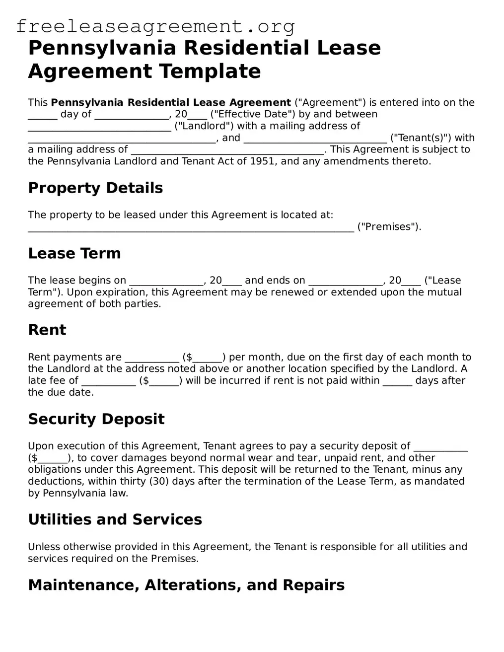 Official Residential Lease Agreement Document for Pennsylvania State
