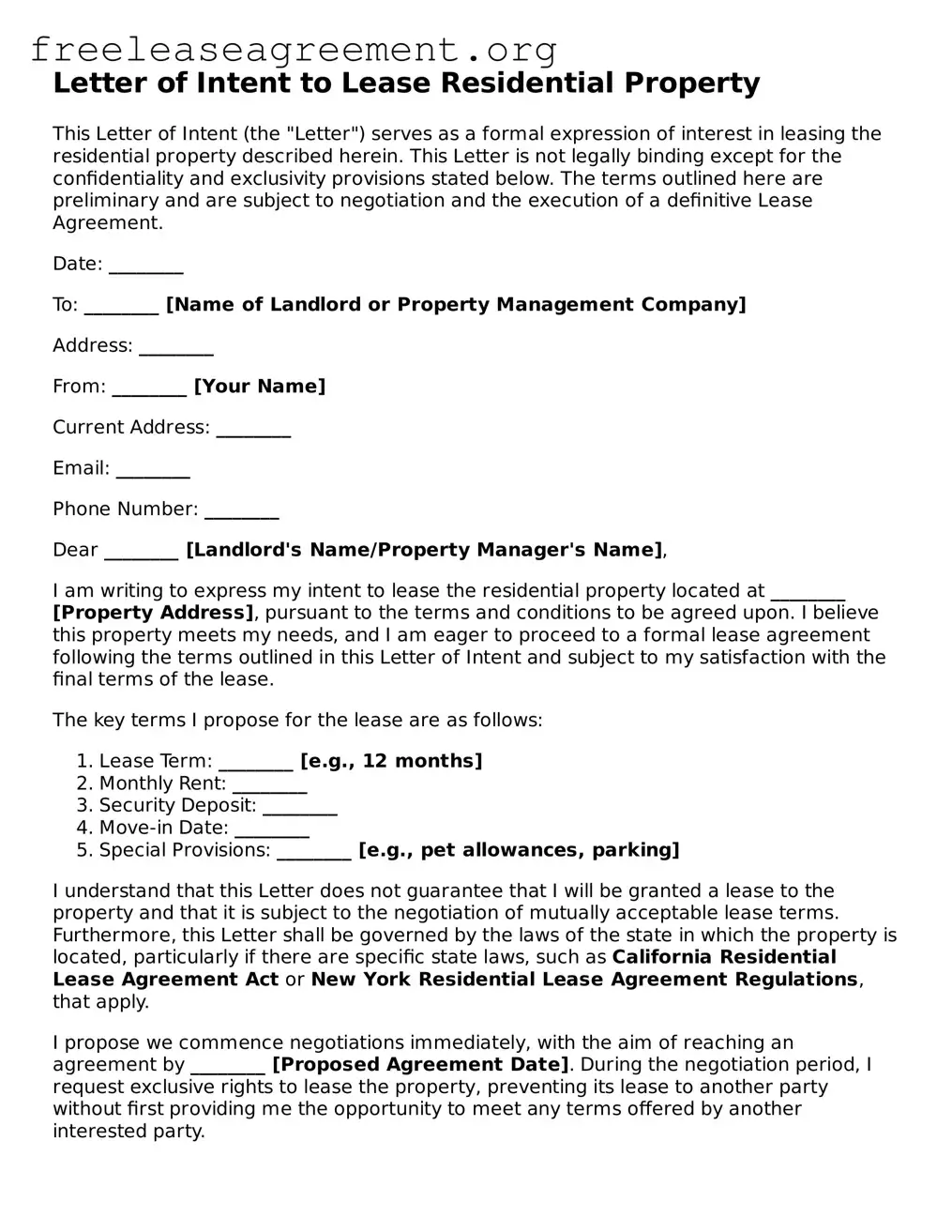 Official Letter of Intent to Lease Residential Property Document