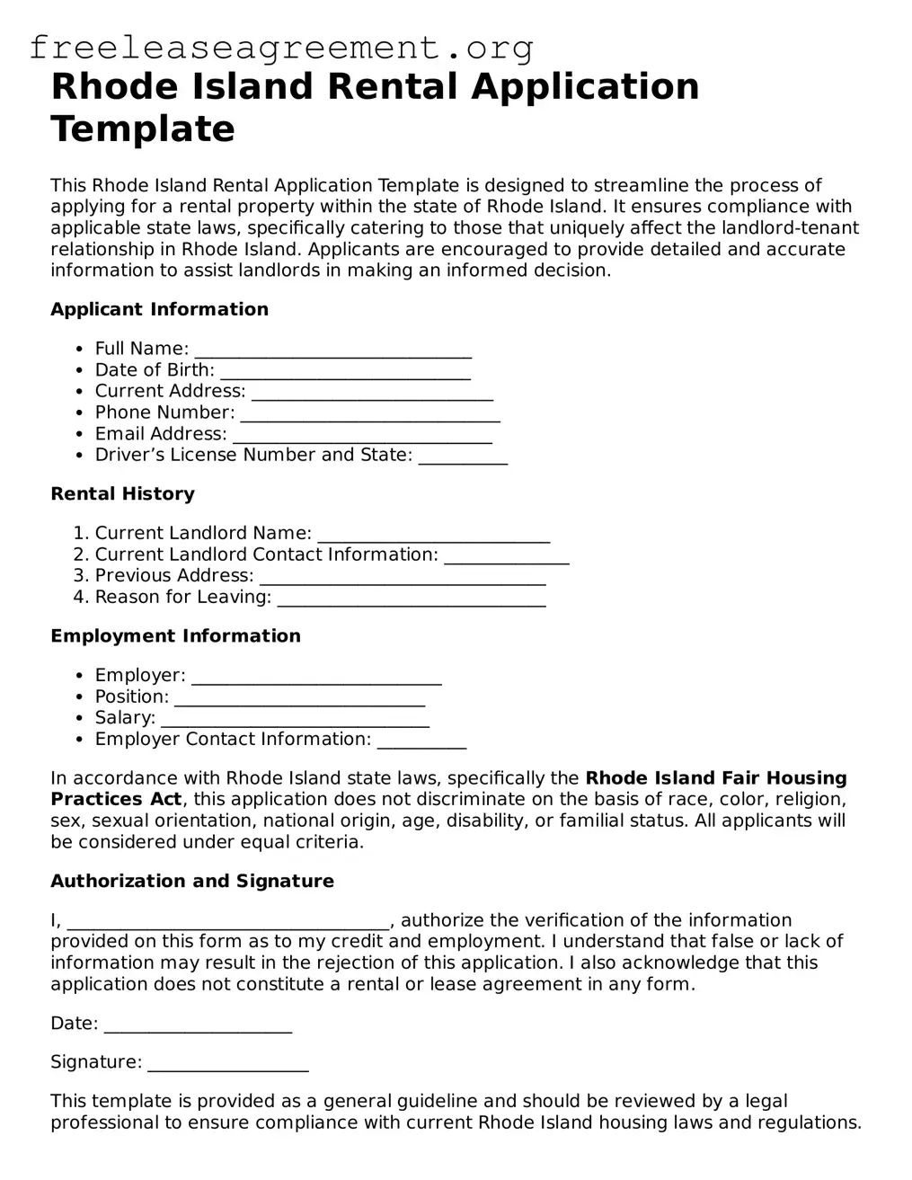 Official Rental Application Document for Rhode Island State