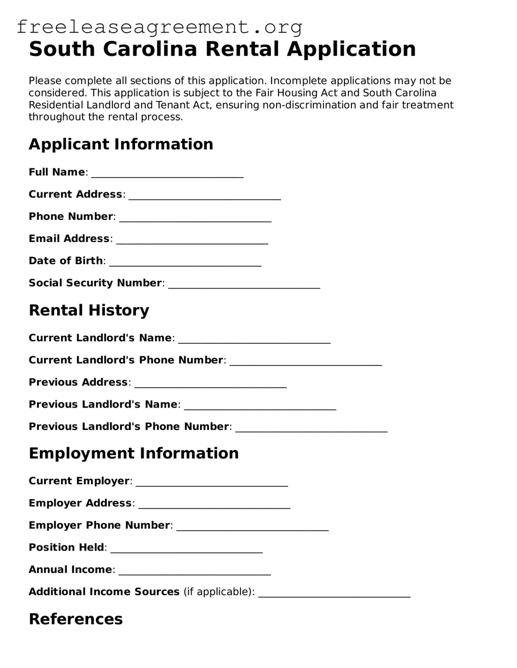 Official Rental Application Document for South Carolina State