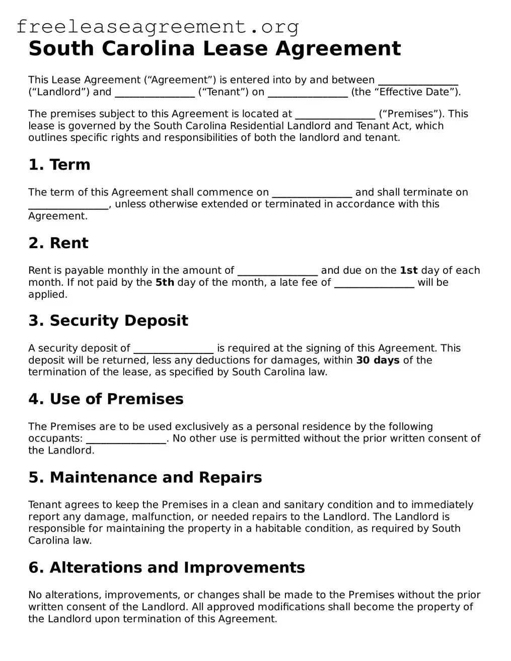 Official Lease Agreement Document for South Carolina State