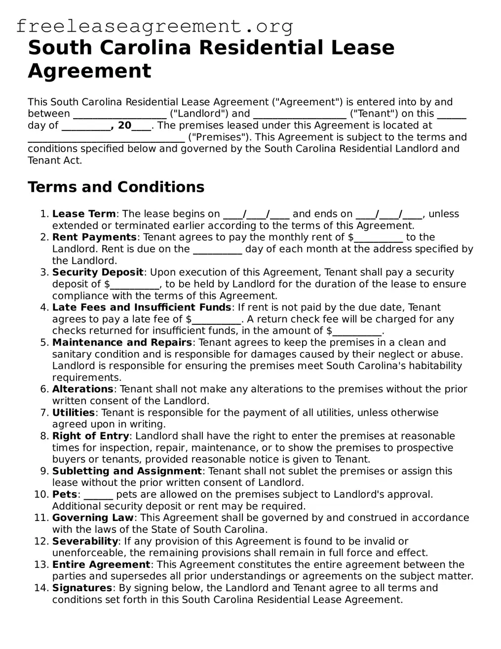 Official Residential Lease Agreement Document for South Carolina State