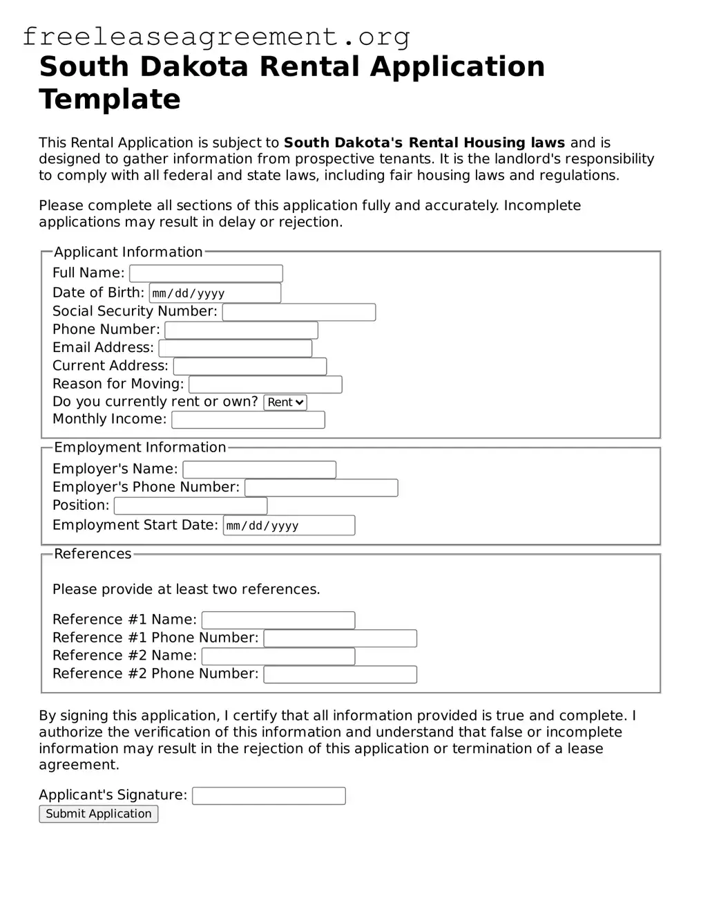Official Rental Application Document for South Dakota State