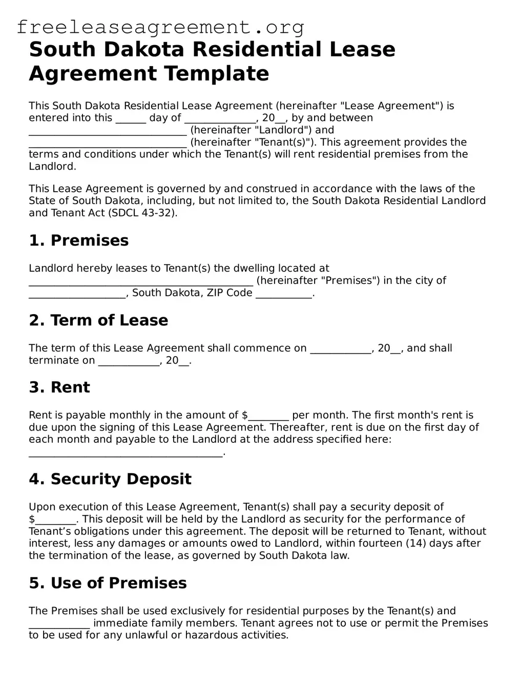 Official Residential Lease Agreement Document for South Dakota State