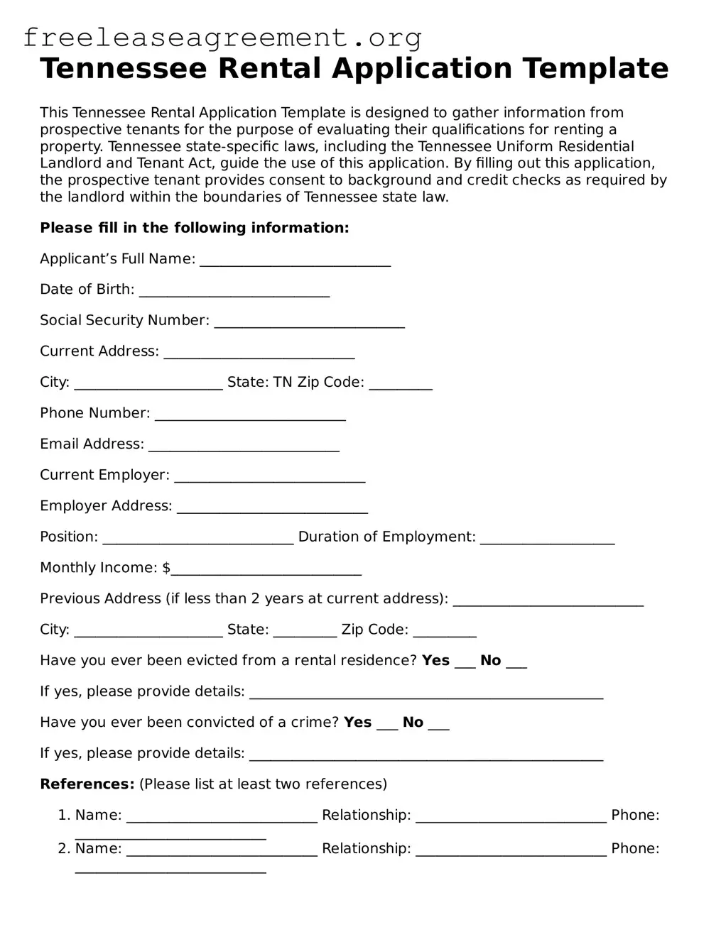 Official Rental Application Document for Tennessee State