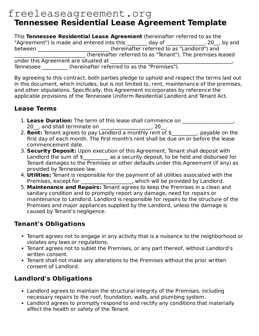Official Residential Lease Agreement Document for Tennessee State
