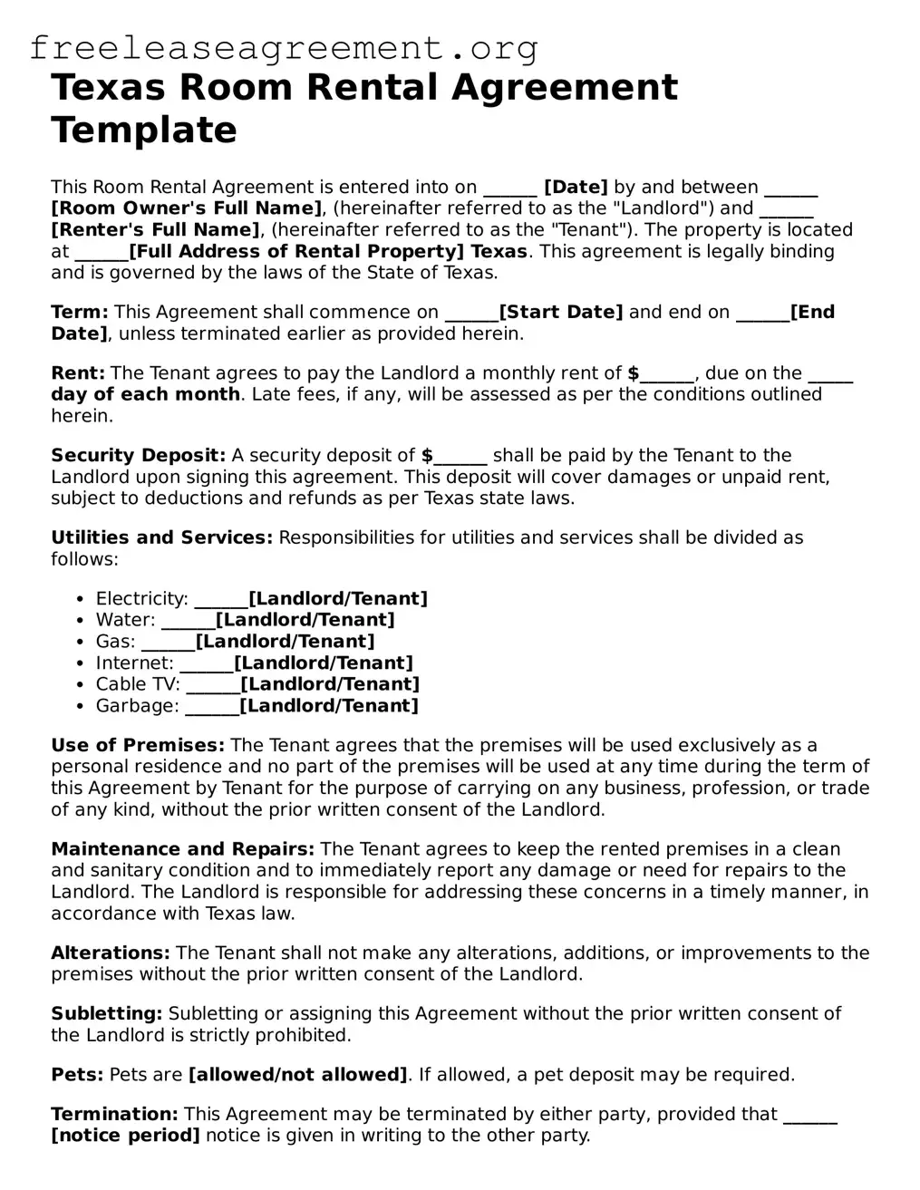 Official Room Rental Agreement Document for Texas State