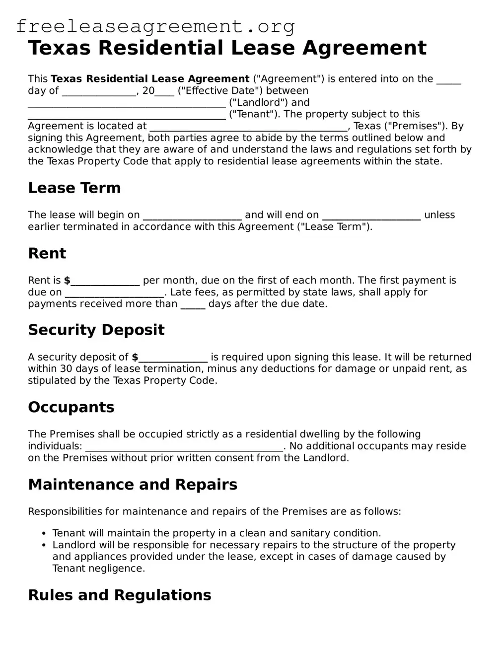 Official Residential Lease Agreement Document for Texas State