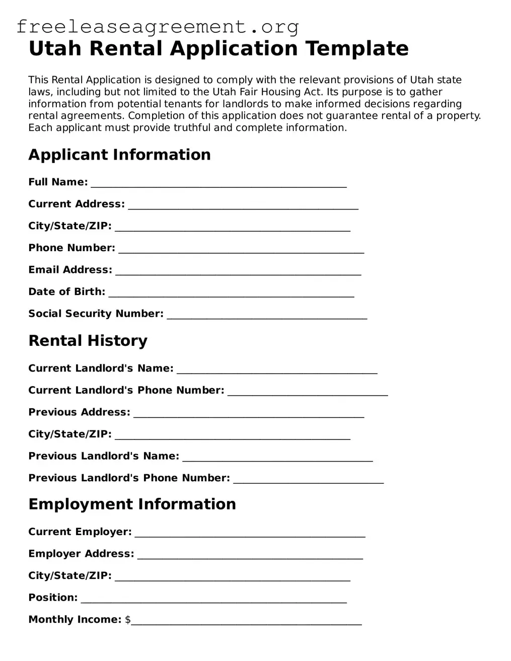 Official Rental Application Document for Utah State