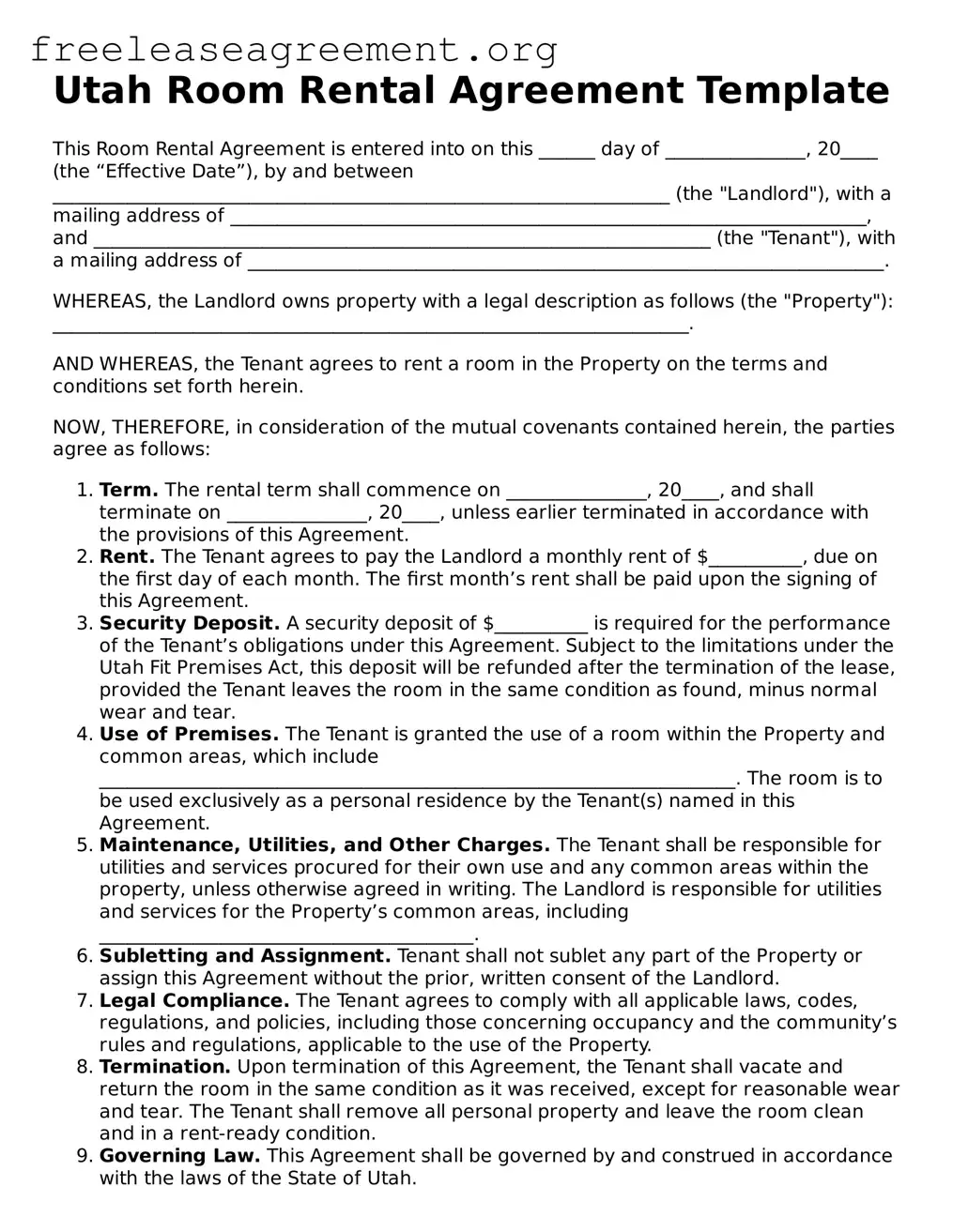 Official Room Rental Agreement Document for Utah State