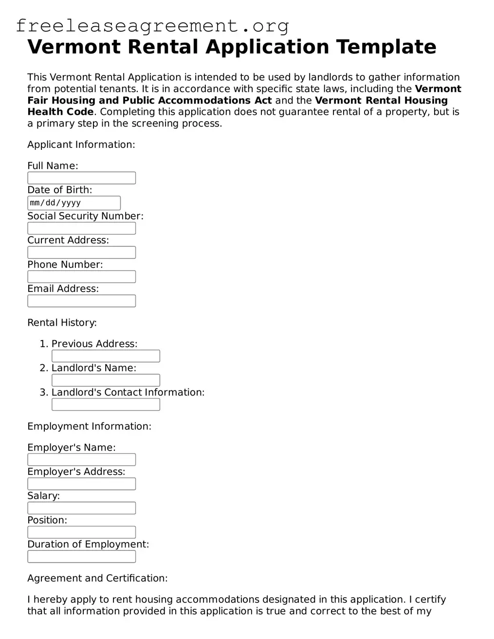 Official Rental Application Document for Vermont State