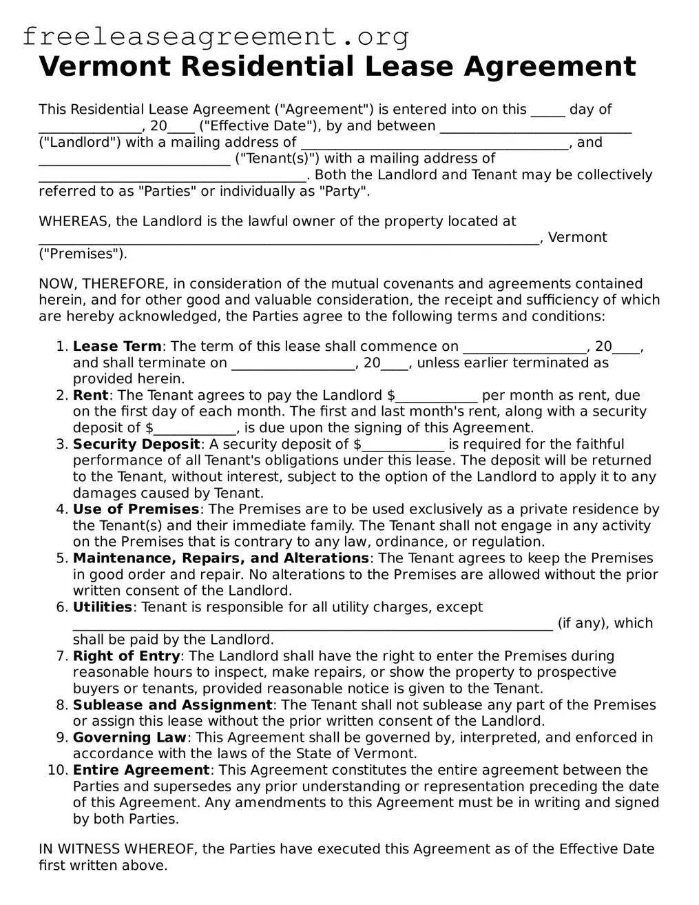 Official Residential Lease Agreement Document for Vermont State