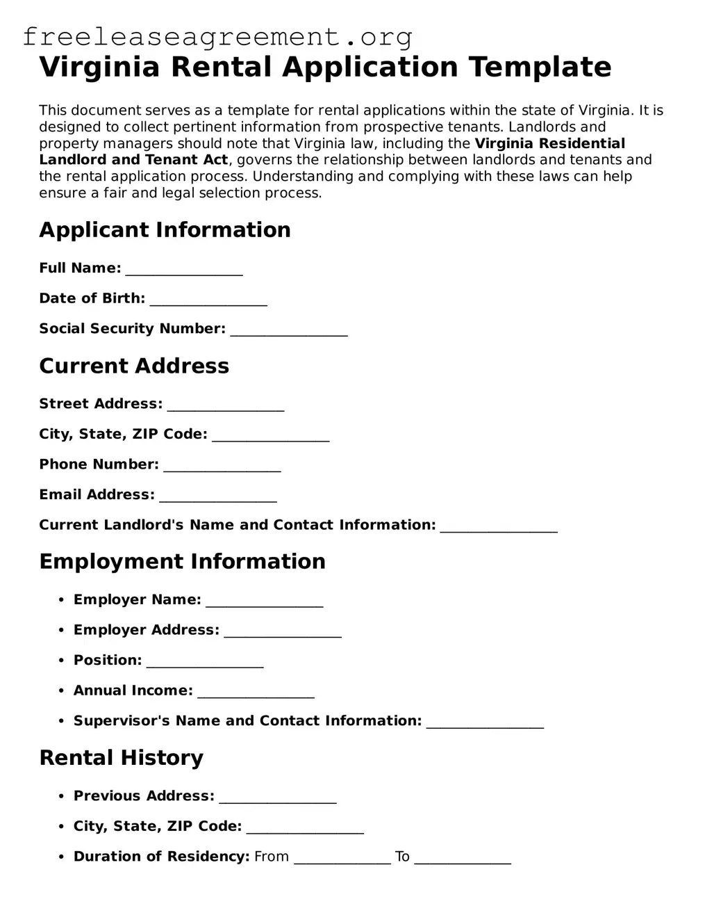 Official Rental Application Document for Virginia State