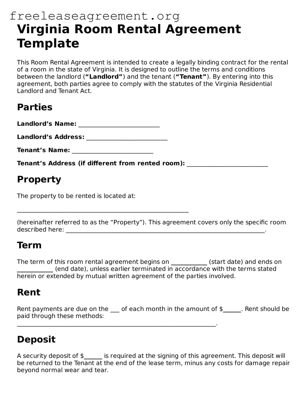 Official Room Rental Agreement Document for Virginia State