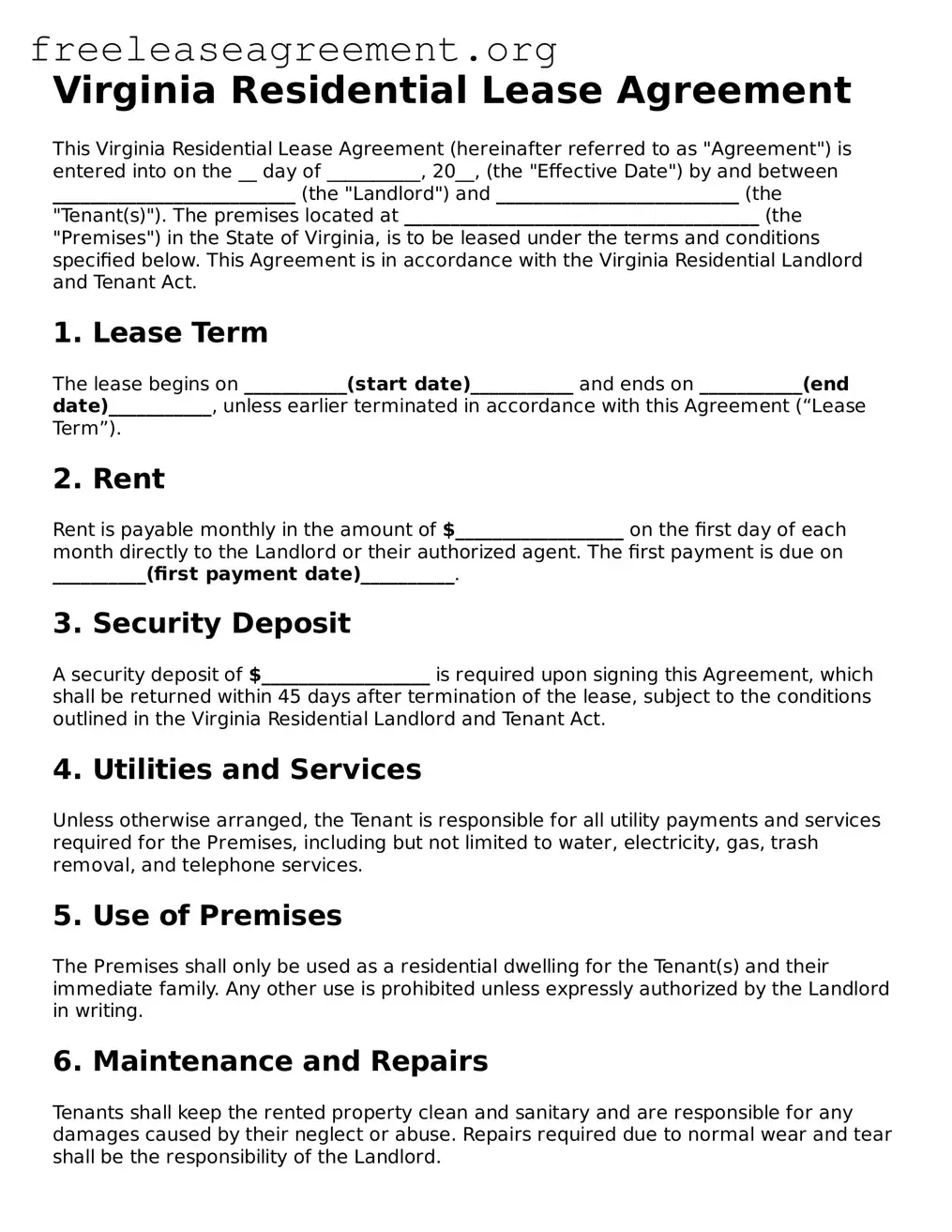 Official Residential Lease Agreement Document for Virginia State