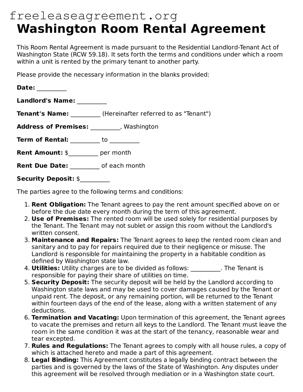 Official Room Rental Agreement Document for Washington State