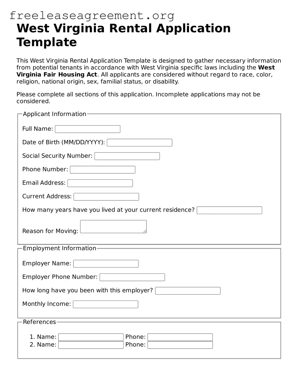 Official Rental Application Document for West Virginia State