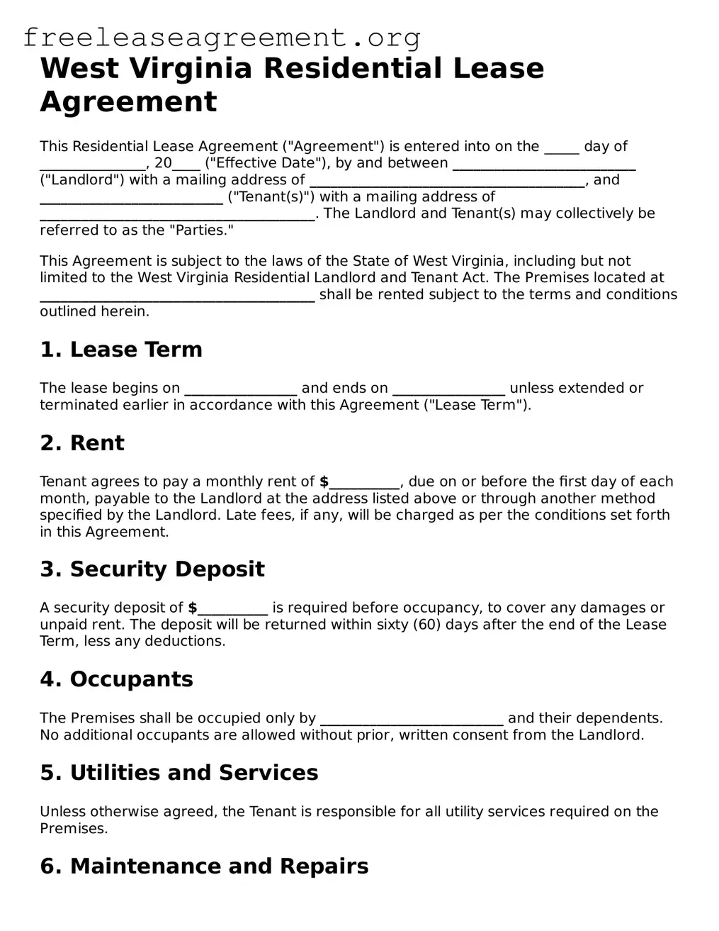 Official Residential Lease Agreement Document for West Virginia State