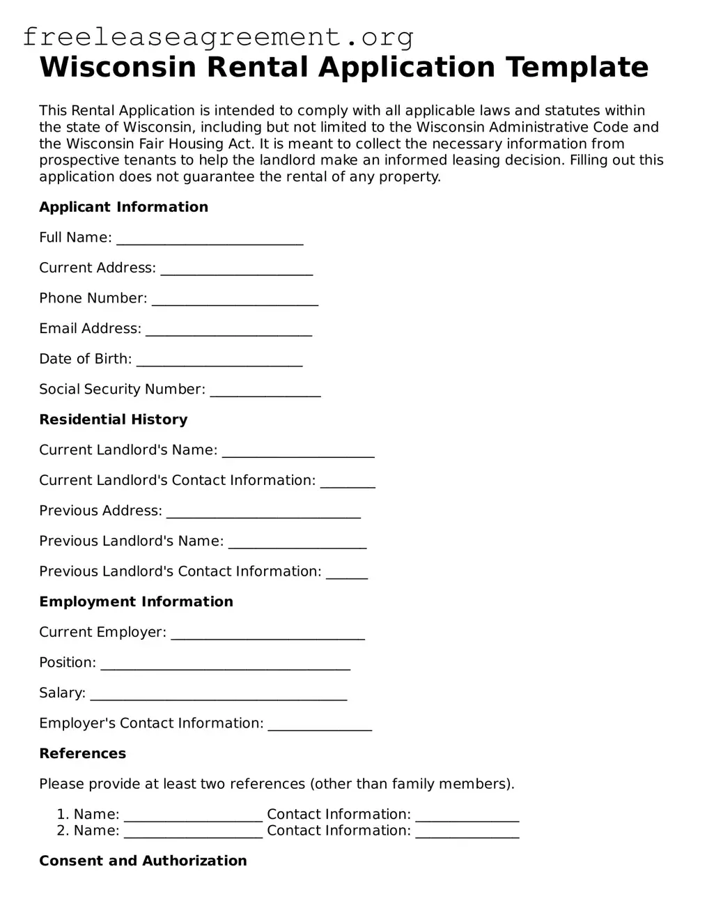 Official Rental Application Document for Wisconsin State