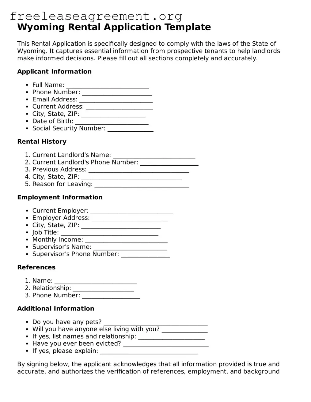 Official Rental Application Document for Wyoming State